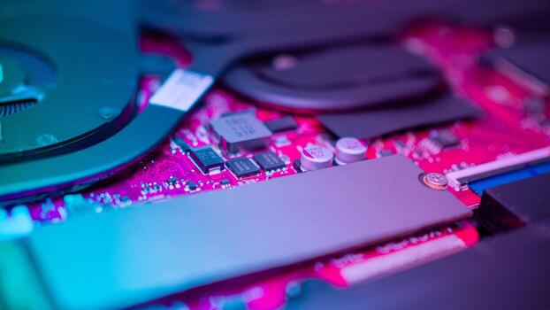 Circuit board with resistors microchips and electronic components. Computer hardware technology. Integrated communication processor. Information engineering. PCB. photo