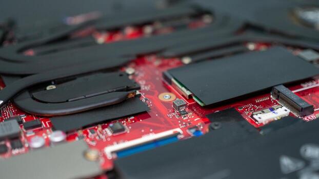 Circuit board with resistors microchips and electronic components. Computer hardware technology. Integrated communication processor. Information engineering. PCB. photo