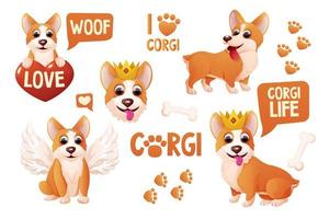 Set corgi dog stickers with crown, wings, sitting, adorable pet, activities in cartoon style isolated on white background. Comic emotional character, funny pose. Vector illustration