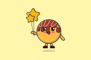 Cute cartoon Takoyaki floating with star balloon vector