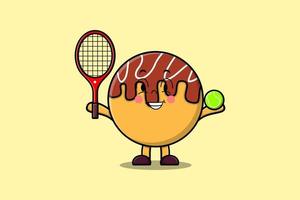 Cute cartoon Takoyaki character play tennis field vector