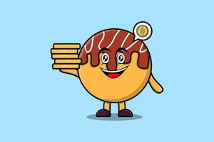 Cute cartoon Takoyaki holding in stacked gold coin vector