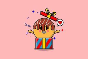 Cute cartoon Takoyaki coming out from big gift box vector