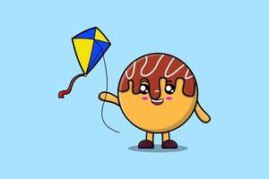 Cute cartoon Takoyaki character play kite flaying vector