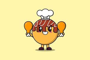 Cute cartoon Takoyaki chef hold two chicken thighs vector