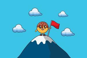 Illustration of cute Takoyaki climbs top mountain vector