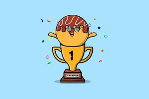 Cute cartoon Takoyaki character in trophy vector