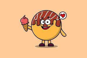 Cute Cartoon Takoyaki holding ice cream cone vector