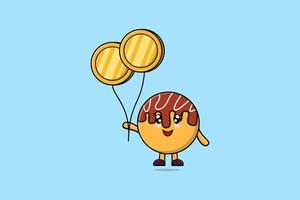 takoyaki de dibujos animados lindo flotando con globo de moneda vector