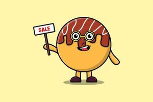 lindo personaje de dibujos animados takoyaki con cartel de venta vector