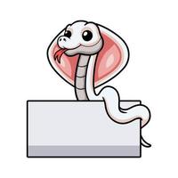 Cute leucistic cobra snake cartoon with blank sign vector