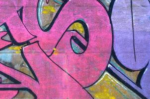 Fragment of graffiti drawings. The old wall decorated with paint stains in the style of street art culture. Colored background texture in purple tones photo