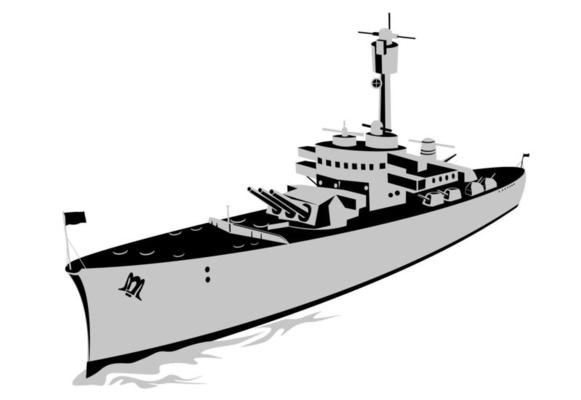 World War Two Torpedo Boat Destroyer Battleship at Sea Aerial View Isolated Retro Style
