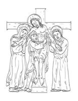 Jesus Taken Down from Cross with Mary John the Apostle and Joseph of Arimathea Medieval Style Line Art Drawing vector