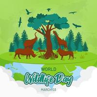día mundial de la vida silvestre 03 de marzo con animales e ilustración forestal vector