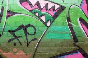 Abstract colorful fragment of graffiti paintings on old brick wall in pink and green colors. Street art composition with parts of unwritten letters and multicolored stains photo