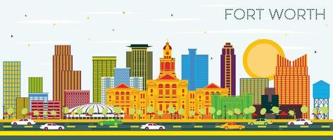 Fort Worth Texas City Skyline with Color Buildings and Blue Sky. vector