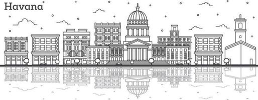 delinear el horizonte de la ciudad de la habana cuba con edificios históricos y reflejos aislados en blanco. vector