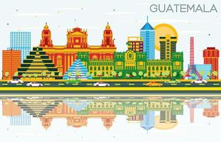 Guatemala Skyline with Color Buildings, Blue Sky and Reflections. vector