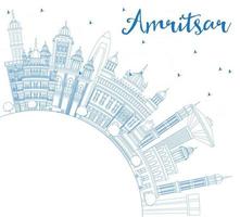 Outline Amritsar India City Skyline with Blue Buildings and Copy Space. vector