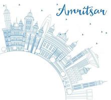 Outline Amritsar India City Skyline with Blue Buildings and Copy Space. vector