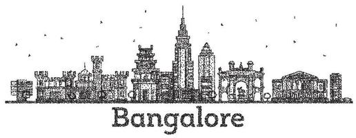 Engraved Bangalore India City Skyline with Black Buildings Isolated on White. vector