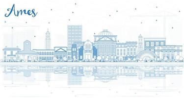 Outline Ames Iowa Skyline with Blue Buildings and Reflections. vector