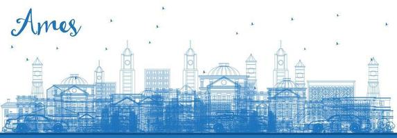 Outline Ames Iowa Skyline with Blue Buildings. vector