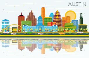 Austin Texas Skyline with Color Buildings, Blue Sky and Reflections. vector