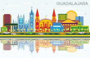 horizonte de guadalajara méxico con edificios de color, cielo azul y reflejos. vector