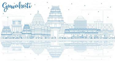 Outline Guwahati India City Skyline with Blue Buildings and Reflections. vector