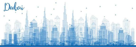 Outline Dubai UAE Skyline with Blue Buildings. vector