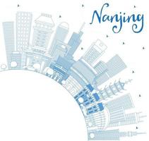 Outline Nanjing China Skyline with Blue Buildings and Copy Space. vector