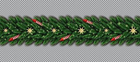 Border with Christmas Tree Branches, Golden Stars and Red Rockets on Transparent Background. vector