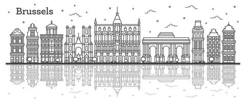 Outline Brussels Belgium City Skyline with Historic Buildings and Reflections Isolated on White. vector