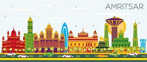 horizonte de la ciudad de amritsar india con edificios de color y cielo azul. vector