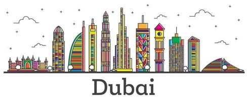 Outline Dubai UAE City Skyline with Color Buildings Isolated on White. vector