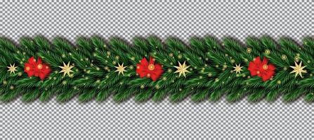 Border with Christmas Tree Branches, Red Bow and Golden Stars on Transparent Background. vector