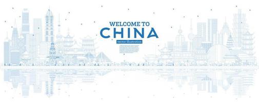 Outline China Skyline with Blue Buildings and Reflections. vector