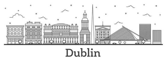 delinear el horizonte de la ciudad de dublín irlanda con edificios históricos aislados en blanco. vector