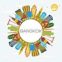 horizonte de bangkok tailandia con puntos de referencia de color, cielo azul y espacio de copia. vector