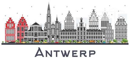 horizonte de la ciudad de amberes bélgica con edificios grises aislados en blanco. vector