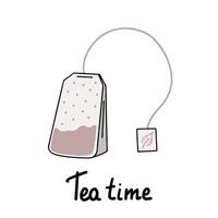 bolsita de té, texto a la hora del té. ilustración para impresión, fondos, cubiertas y embalaje. la imagen se puede utilizar para tarjetas de felicitación, carteles, pegatinas y textiles. aislado sobre fondo blanco. vector