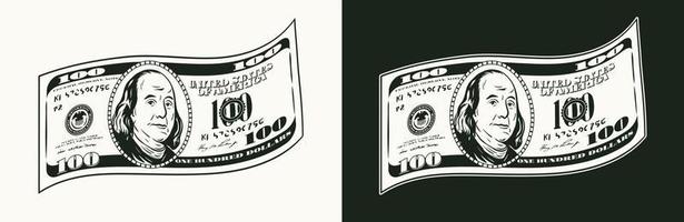 Wavy bent american 100 dollar banknote with front side. Falling, flying banknote. Cash money. Detailed black and white vector illustration