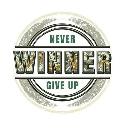 Round label with word Winner, grunge paint brush strokes, text, 100 US dollar bills, gold coins inside of letters. Motivational quote Winner Never Give up. Apparel, t shirt design on white background