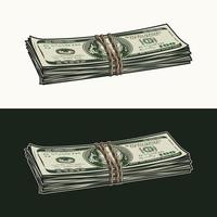 Lying wad of 100 dollar bills tied with jute rope. Banknotes with front obverse side. Cash money. Vintage style. Detailed isolated vector illustration. Side view