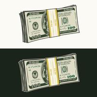 Standing upright wad of 100 dollar bills banded with a yellow paper tape. Banknotes with front obverse side. Cash money. Vintage style. Detailed isolated vector illustration on dark, white background