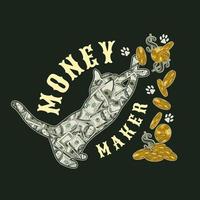 etiqueta con gato jugando con monedas de oro, signo de dólar en un fondo oscuro. fabricante de dinero de texto. Billetes de 100 dólares dentro de la silueta del gato. concepto creativo para prendas de vestir, diseño de camisetas. vector