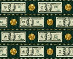 Seamless pattern with horizontal aligned 100 dollar banknotes, gold one dollar coins, dollar sign, texture with wavy lines behind. Detailed vector illustraton.