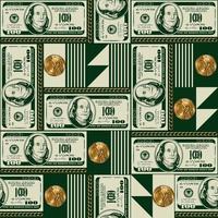 Geometric pattern with 100 dollar bills, gold one dollar coins, simple geometric shapes. For print, covers, posters, etc. vector